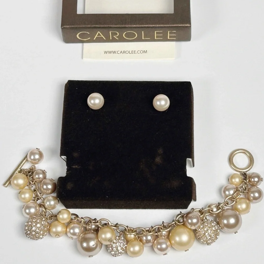 Carolee Bracelet Earring Boxed Set Charm Bracelet Pearls Dangling Pave GlobesNEW - Picture 4 of 9